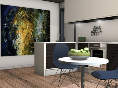 Two chairs and white table with white cabinets and large multi colored abstract picture on wall in back with sized kitchen knives on wall in kitchen
