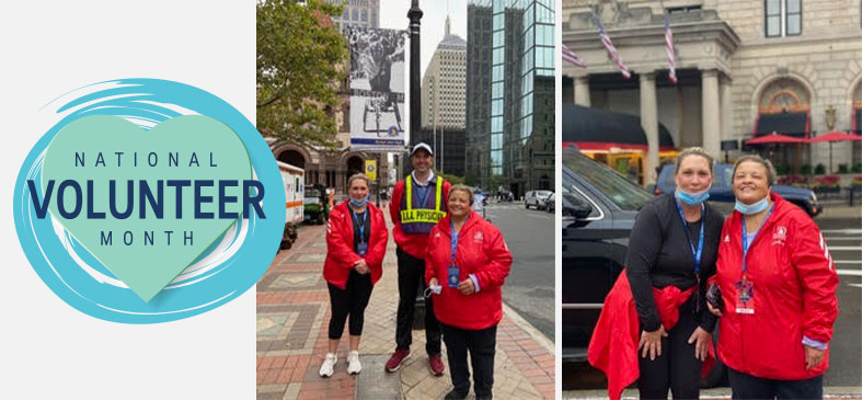 Image with a heart on the left that says National Volunteer Month, next to two photos of June Scott and Kelli Thomas at the Boston Marathon.